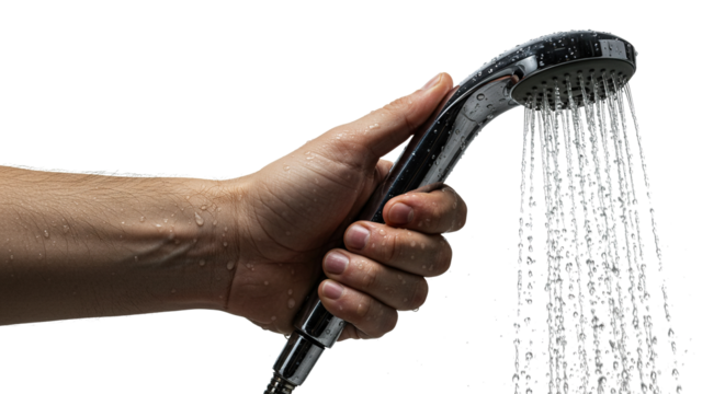 Close-up of a hand holding a chrome shower head, water flowing, refreshing, clean, isolated on transparent PNG