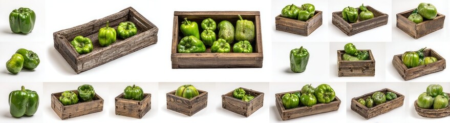 Rustic wooden crates overflowing with vibrant green bell peppers, showcased in various arrangements against a stark white backdrop