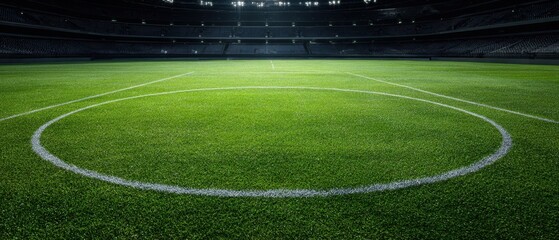 The vibrant soccer field ready for an exciting match under bright lights.