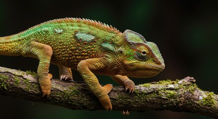 Obraz premium Vibrant Chameleon with Intricate Green and Orange Skin on a Mossy Branch