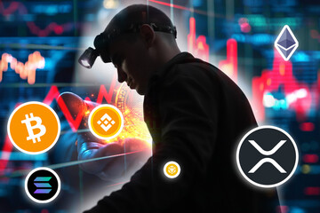 a man acting as a miner in a digital mine. The worker is holding a flashlight, illuminating a...