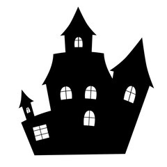 Black silhouette of a castle with windows and towers on Halloween night. Vector illustration.