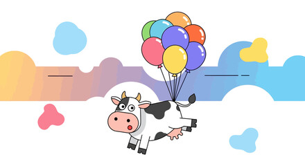 Naklejka premium Cartoon cow flying with colorful balloons on a whimsical background illustration