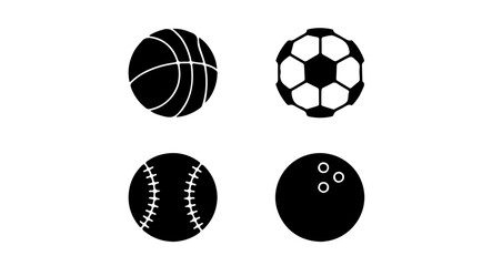 Balls solid black glyph icons set, vector pictograms representing various sports, simple flat design for modern visual elements.