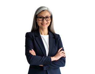 Elegant and Confident Female Professional in a Business Suit, Wearing Glasses, Radiat isolated on a transparent background.