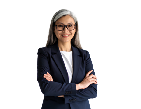 Elegant and Confident Female Professional in a Business Suit, Wearing Glasses, Radiat isolated on a transparent background.