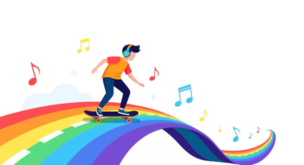 Boy listening to music on headphones and skateboarding across rainbow bridge with music notes