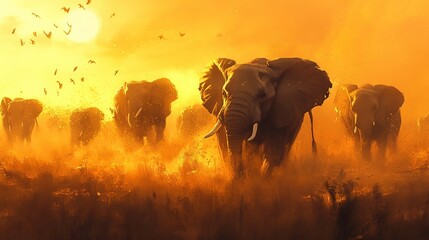 Majestic Elephant Herd at Sunset in the African Savanna