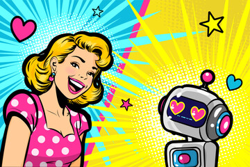 Vector illustration Pop art girl in a pink polka dot dress fall in love a futuristic robot.