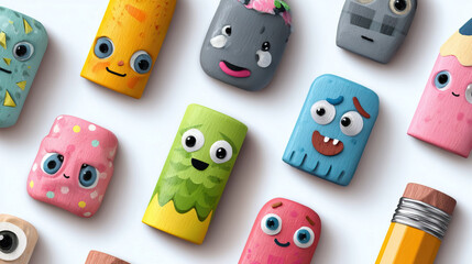 Cute Cartoon-Style Erasers and Sharpeners on Transparent Background

