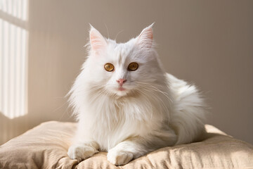 Elegant white cat resting in warm sunlight