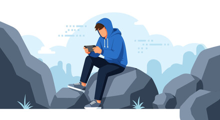 Boy Sitting On Rock Playing Game on Phone Relaxing Outdoors In Nature