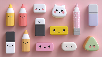 Cute Cartoon-Style Erasers and Sharpeners on Transparent Background

