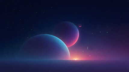 デジタル宇宙に浮かぶ惑星と星々の鮮やかな光景 幻想的な夜空の色彩表現