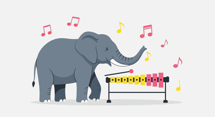 Naklejka premium Cartoon elephant playing a colorful xylophone surrounded by musical notes isolated on white background for kids illustration
