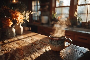 Warm beverage steam drifting in golden light high resolution picture