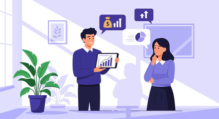 Business presentation with charts and graphics showing growth and investments overview