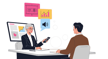 Businesswoman giving a remote presentation to a client with colorful graphic icons illustrating the content of the meeting