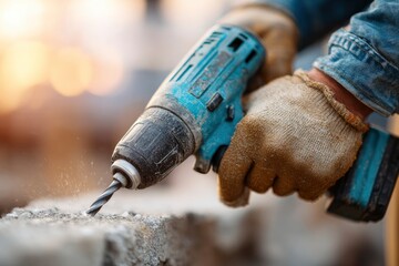 A drill with a drill bit boring into a block held by a gloved hand