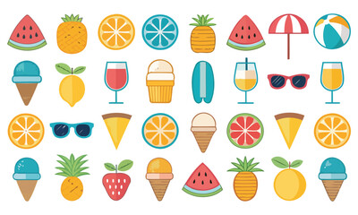 Vibrant summer icons collection featuring fruits ice cream and beach balls