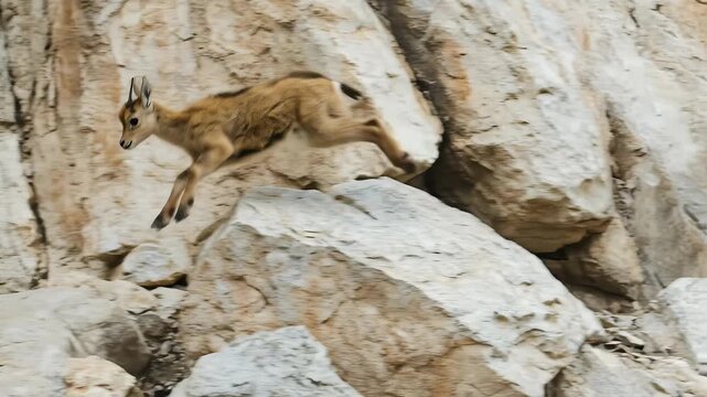 A young chamois jumps across a rocky mountain slope with ease, the agile animal navigates the rugged terrain in its natural alpine habitat.