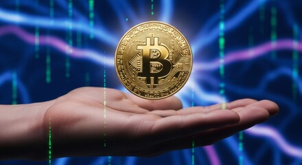 Bitcoin cryptocurrency hovering over an open human hand. Blockchain technology and digital currency investment concept. Financial innovation.