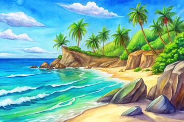 Tropical beach with palm trees, turquoise ocean waves, white sand, bright summer sky, relaxing paradise view