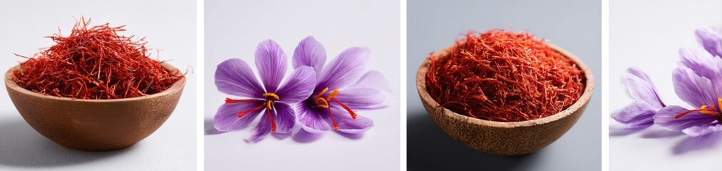 Fototapeta premium Saffron threads in wooden bowls alongside vibrant purple crocus flowers, showcasing the spice from bloom to dried form