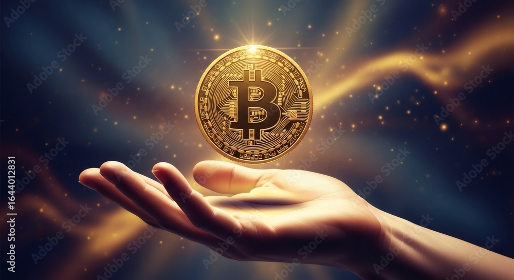 Poster bitcoin cryptocurrency hovering over an open human hand. blockchain technology and digital currency 