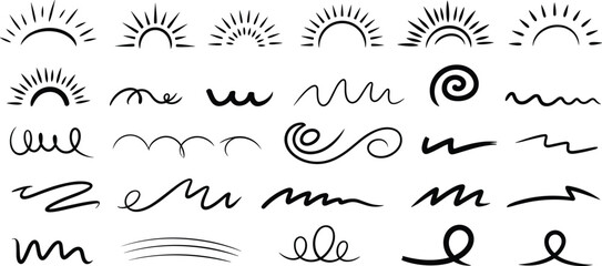 Vector set of hand-drawn sunbursts, underlines, and wavy lines, isolated on white background, perfect for a decorative and whimsical design