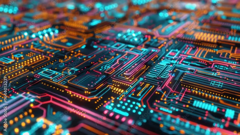 Poster close up view of a computer circuit board with various components and wires