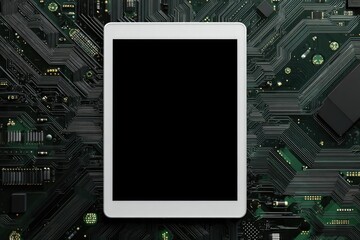 White tablet with blank screen rests atop a complex dark green circuit board, showcasing technological integration