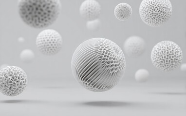 Fototapeta premium White, textured spheres of varying sizes float against a light grey backdrop, exhibiting intricate, almost coral-like surface patterns. Some spheres show a more linear texture