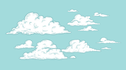 Set of clouds in sketch hand drawn vintage retro style. Cloudscape blue background. Vector illustration.
