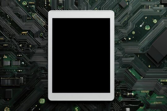 White tablet with blank screen rests atop a complex dark green circuit board, showcasing technological integration
