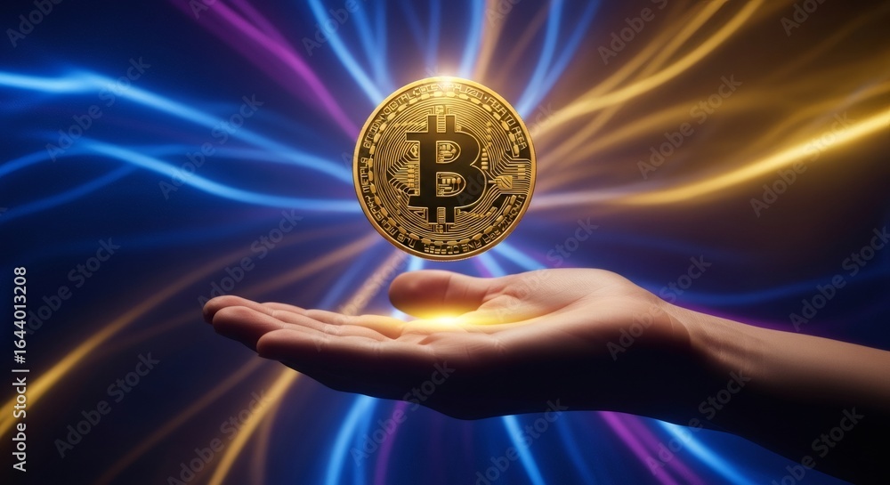Aufkleber bitcoin cryptocurrency hovering over an open human hand. blockchain technology and digital currency 