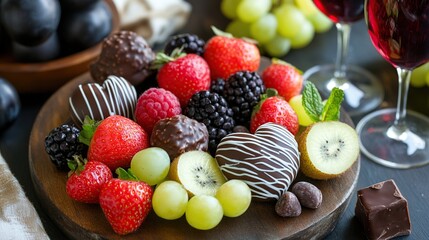 Romantic Chocolate Covered Strawberries and Fruit Platter with Wine