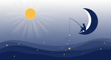 Naklejka premium Captivating Illustration of a Fisherman on the Moon under the Bright Sun and Stars
