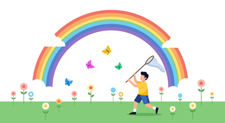Fototapeta premium Capturing Childhood Dreams: A Boy Chasing Butterflies Under a Vibrant Rainbow