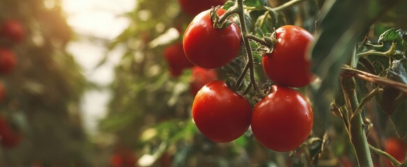 Fototapeta premium The close-up of ripe tomatoes growing in a vibrant greenhouse garden.