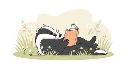 Cartoon badger reading book in garden illustration featuring cute animal character in nature with flowers and soft background