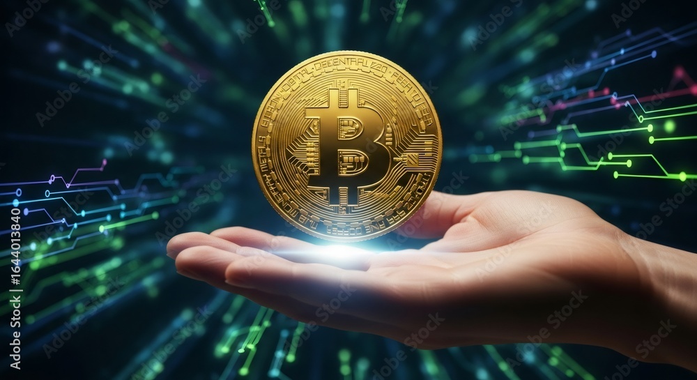Poster bitcoin cryptocurrency hovering over an open human hand. blockchain technology and digital currency 