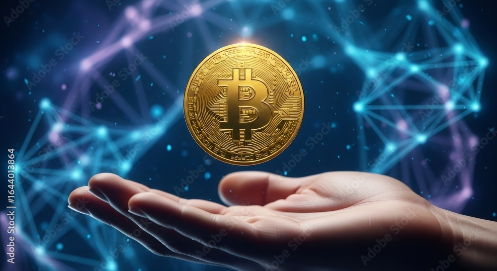 Poster bitcoin cryptocurrency hovering over an open human hand. blockchain technology and digital currency 