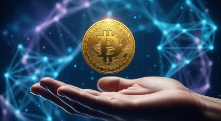 Bitcoin cryptocurrency hovering over an open human hand. Blockchain technology and digital currency investment concept. Financial innovation.
