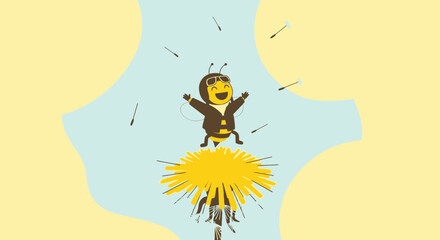Cartoon bee celebrating on a dandelion seed head with scattered seeds art work