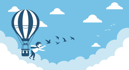 Fototapeta premium Cartoon illustration of a boy in a hot air balloon with birds in a blue sky expressing freedom and adventure