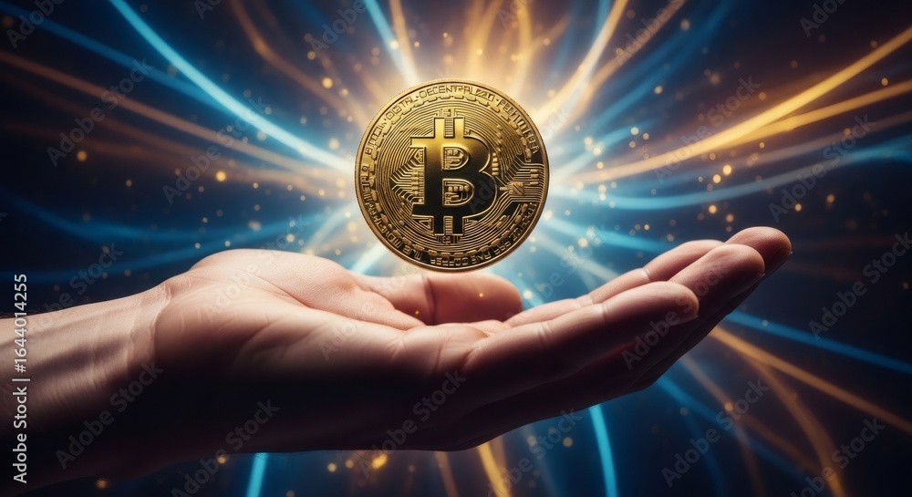 Poster bitcoin cryptocurrency hovering over an open human hand. blockchain technology and digital currency 