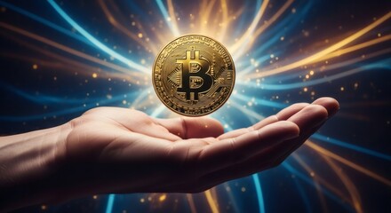 Bitcoin cryptocurrency hovering over an open human hand. Blockchain technology and digital currency investment concept. Financial innovation.