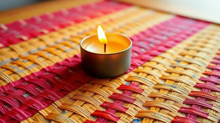 Candlelit tranquility on a Weaved Surface: A single candle flame dances gracefully atop a colorful weaved surface, creating a tranquil and inviting atmosphere. 