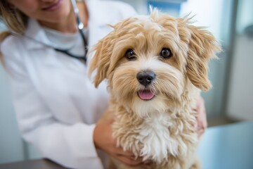 Professional veterinarian examining healthy rescued dog in clean modern clinic, gentle hands providing medical care, bright clinical lighting with warm accents, shot with 50mm lens, clean medical colo